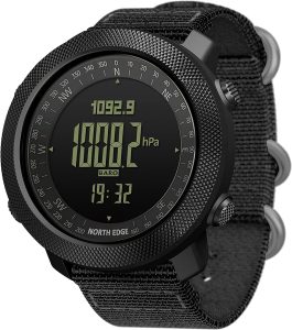 NORTH EDGE Military-Watch for Men - Tactical Survival Watch The NORTH EDGE APACHE Military Watch is the ultimate companion for outdoor enthusiasts. Packed with features like a compass, altimeter, and pedometer, it's a tactical marvel with a black tempered glass dial and adjustable nylon band. Perfect for daily wear or adventures, it's a thoughtful gift for any occasion. **NORTH EDGE APACHE Military Watch for Outdoor Enthusiasts** *Summary:* The NORTH EDGE APACHE Military Watch is designed for outdoor lovers and adventurers. Packed with features, it includes a compass, altimeter, barometer, thermometer, weather forecast, world time, dual time, pedometer, calorie and distance record, alarms, countdown timer, stopwatch, and EL backlight. *Key Features:* **1. Military Functionality:** - Essential tool for outdoor enthusiasts. - Features compass, altimeter, barometer, thermometer, and more. - Ideal for hikers, campers, and outdoor activities. **2. Tactical Design:** - Black tempered glass dial and solid metal case. - Adjustable nylon band with a stainless steel buckle. - Powered by a reliable Japanese CR2032 battery. **3. Survival Ready:** - Large 50mm dial for easy reading. - Weighs 117g; suitable for wrists 7.08 to 9.45 inches. - Note: Check size suitability before purchasing. **4. Sports Utility:** - Water-resistant up to 50m/164ft. - Suitable for shallow water activities; not for diving or prolonged water exposure. - Perfect for daily wear and outdoor adventures. **5. Gift for All Occasions:** - Ideal gift for friends, family, and outdoor enthusiasts. - Suitable for various festivals and anniversaries. - A thoughtful choice for lovers, husbands, fathers, sons, brothers, and colleagues. *Note:* Please be aware that the watch might be heavy/big for some users, so check size suitability before making a purchase. It's not suitable for extended aquatic activities like diving and should be kept away from hot/warm water.